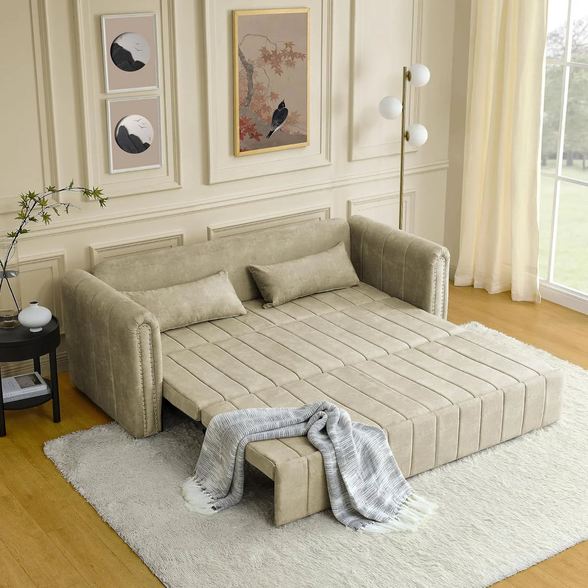 Black 3-in-1 Convertible Sleeper Sofa Bed with Two Drawers and Two Pillows L4878
