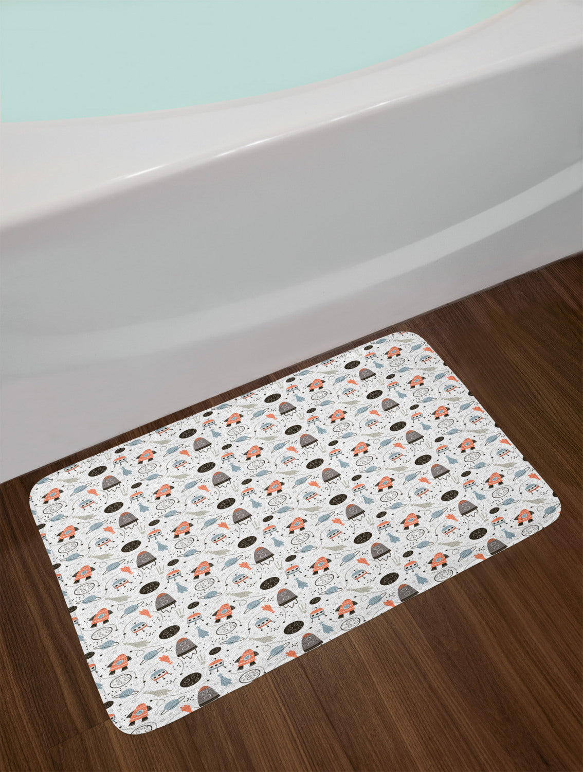 Cartoon Bath Mat, Non Slip Backing, 29.5" X 17.5", Pale Blue Black Q71570