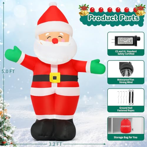 5 FT Christmas Inflatables Santa Claus Outdoor Decorations Blow Up Yard Standing Santa with Built-in LEDs J8012