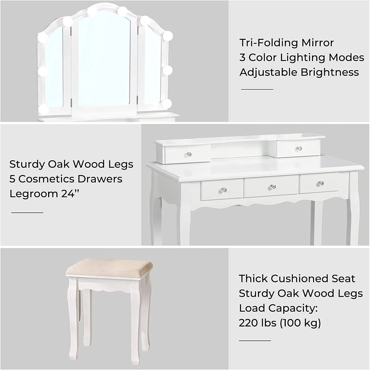 White Vanity Table Set with Lighted Tri-Fold Mirror and Stool D673954