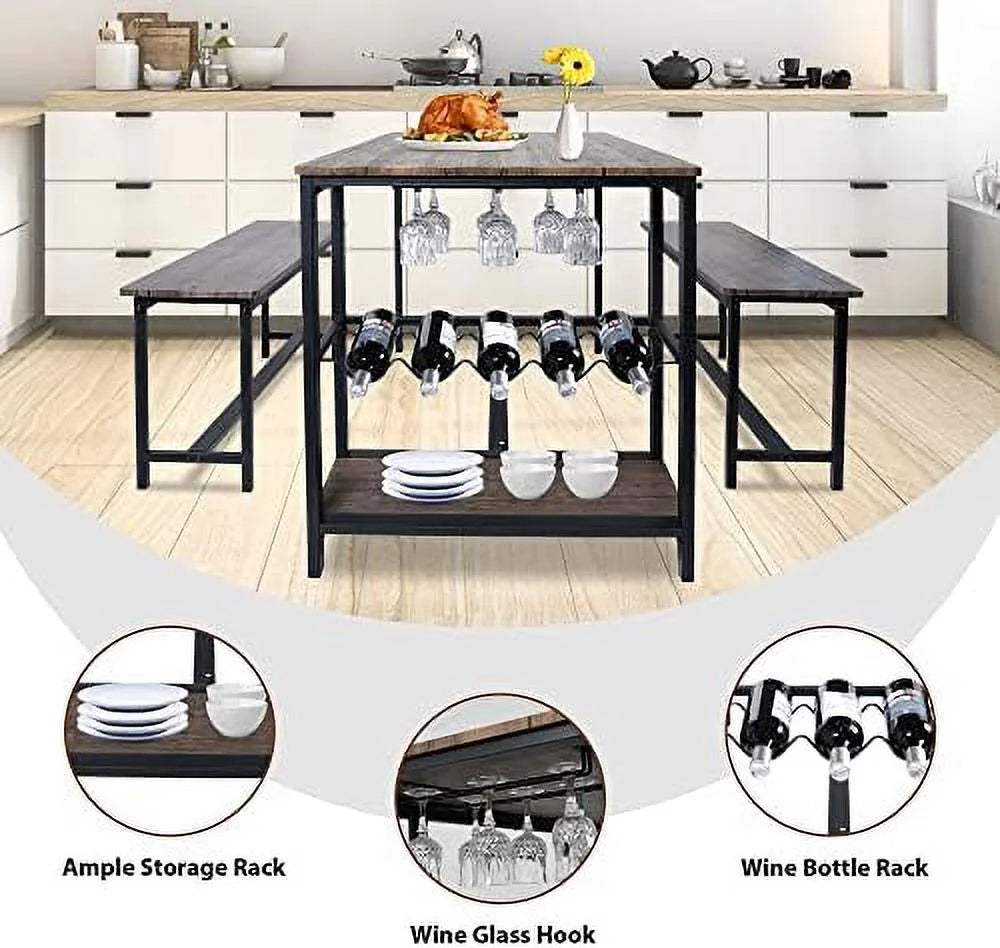 Dining Table Set 4 with 2 Benches 3-Piece Wood Rustic Brown & Black S57512