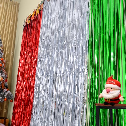 3 Pack Red Silver Green Tinsel Fringe Curtains B728304