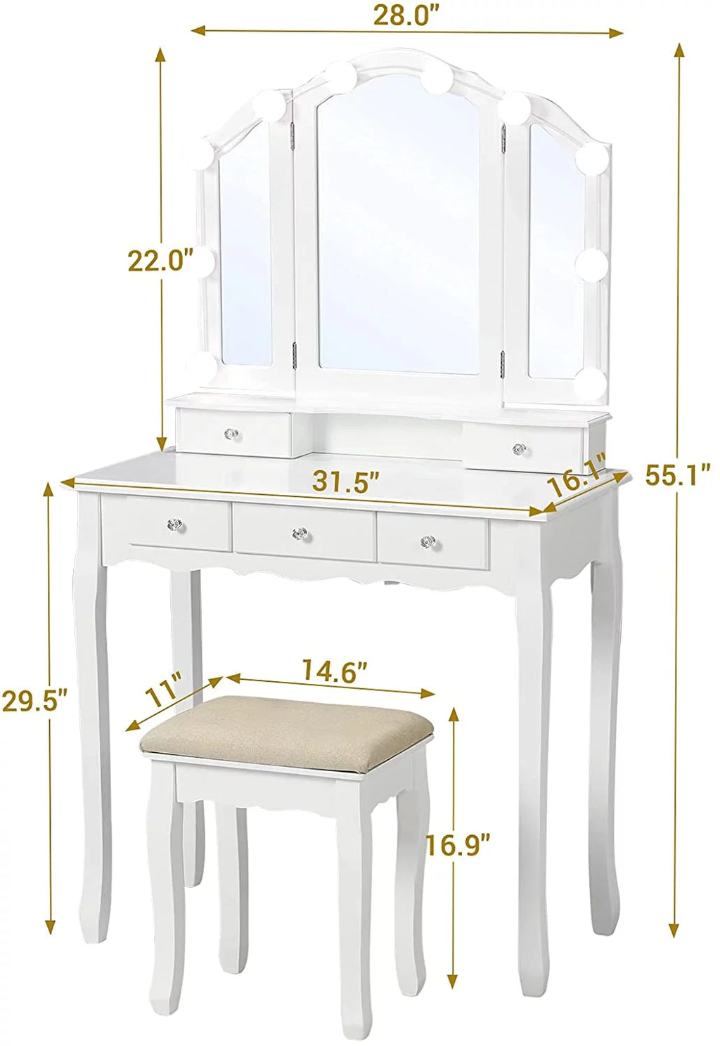 White Vanity Table Set with Lighted Tri-Fold Mirror and Stool D673954