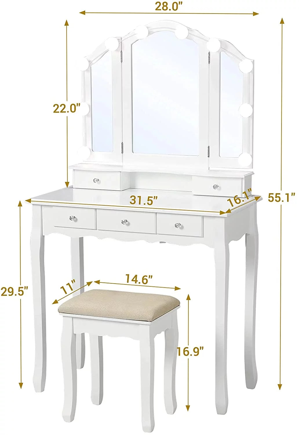 White Vanity Table Set with Lighted Tri-Fold Mirror and Stool D673954