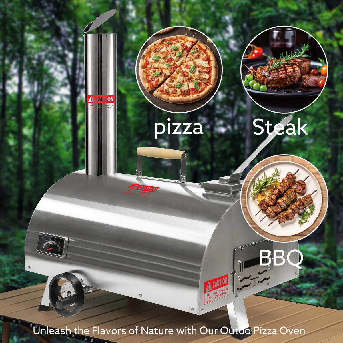 Silver Pizza Oven Portable Stainless Steel Wood Fired Pizza Maker with Built-in Thermometer Carry Bag F373