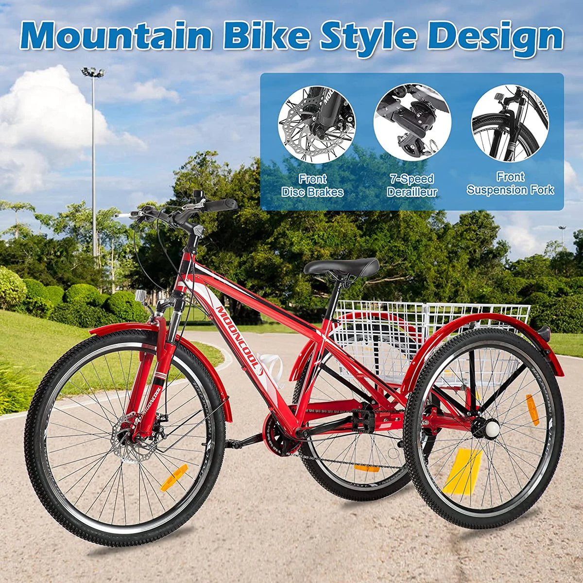Mountain Tricycle 3 Wheeled 7-Speed 24 inch 26 inch 27.5 inch Disc Brakes Cargo Basket G3417