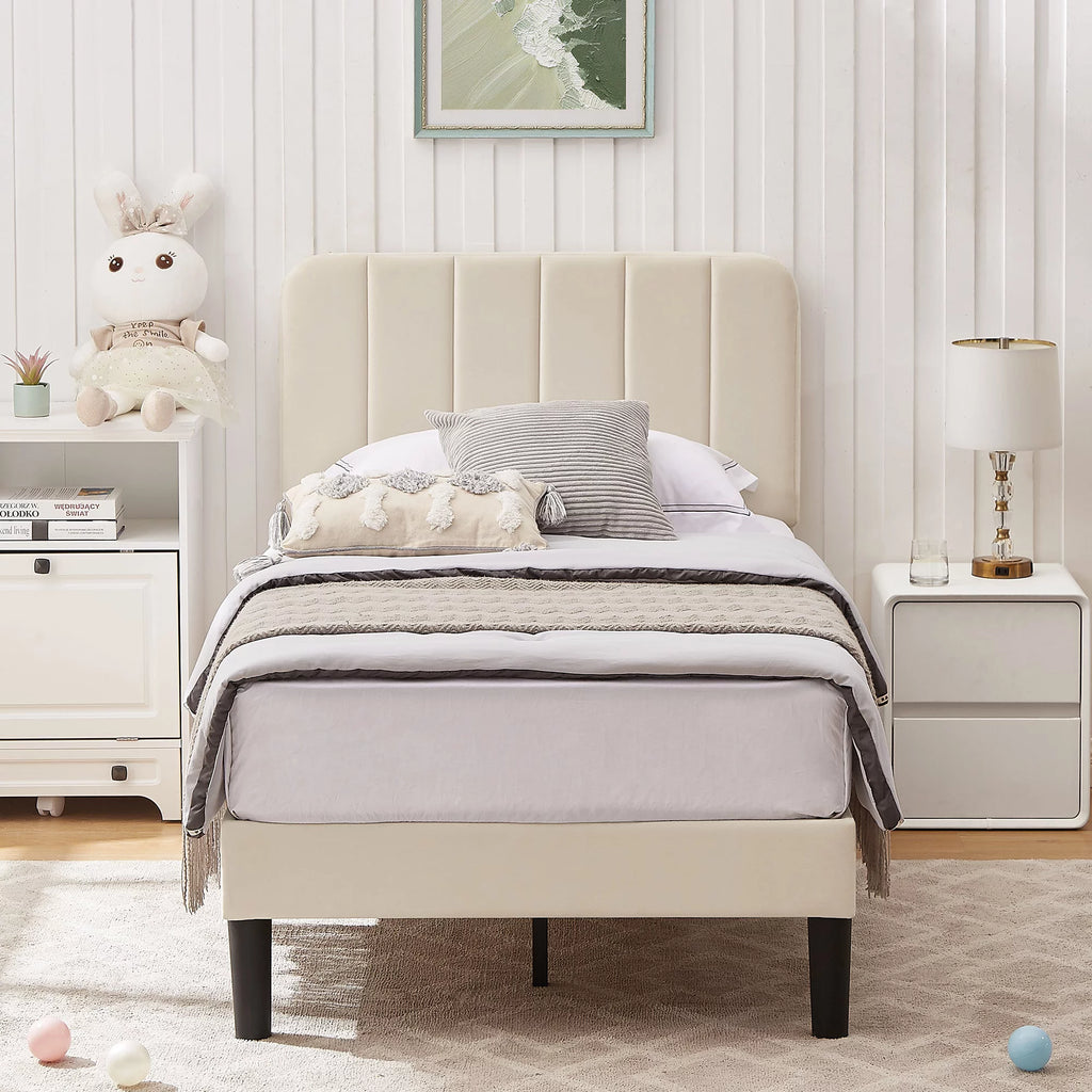 Twin Size Upholstered Platform Bed Frame with Adjustable Headboard C57599