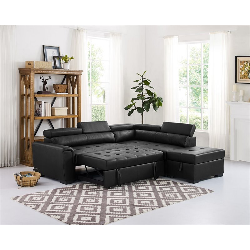 Black Faux Leather Sleeper Sofa with Storage Ottoman E218552