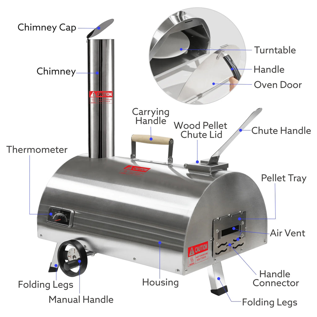 Silver Pizza Oven Portable Stainless Steel Wood Fired Pizza Maker with Built-in Thermometer Carry Bag F373
