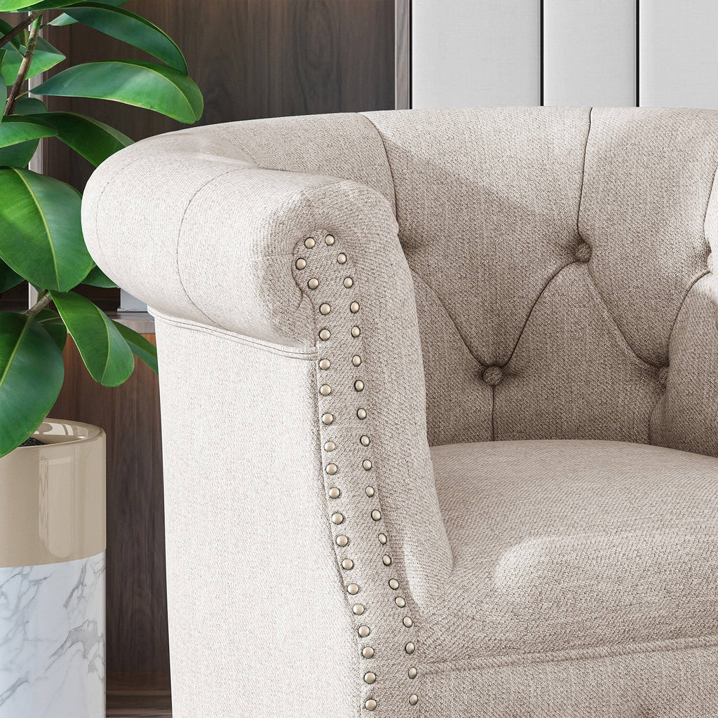 Petite Tufted Fabric Chair and Ottoman Set, Light Blue and Dark Brown Q2045