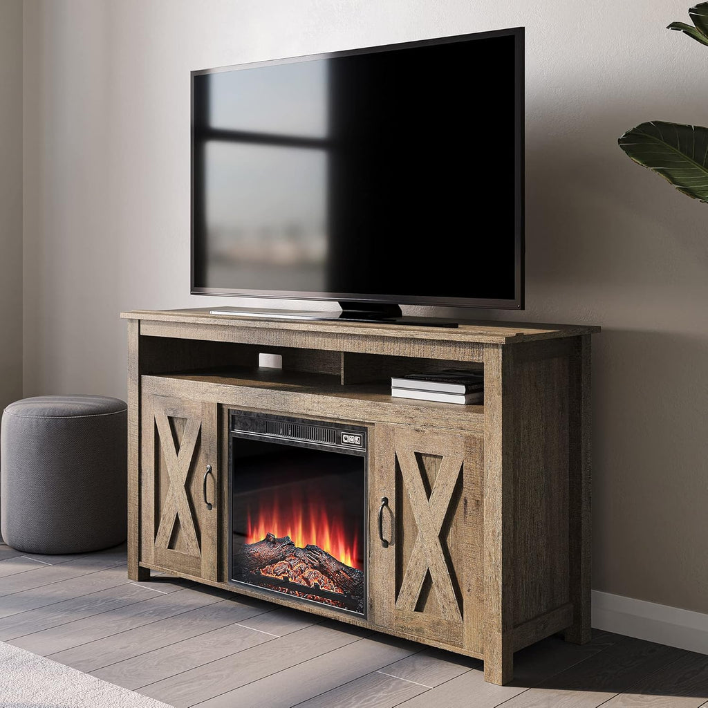 Modern Barn Door Wood Electric Fireplace TV Stand with Two Open Shelves and Cabinets Q31997