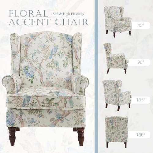 Blue Floral High Back Upholstered Accent Chair D107