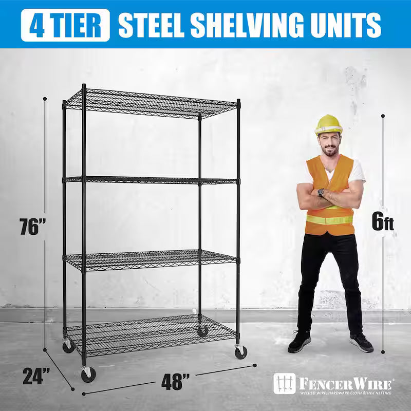 Black 4-Tier Metal Storage Shelving Unit with Casters Q324187