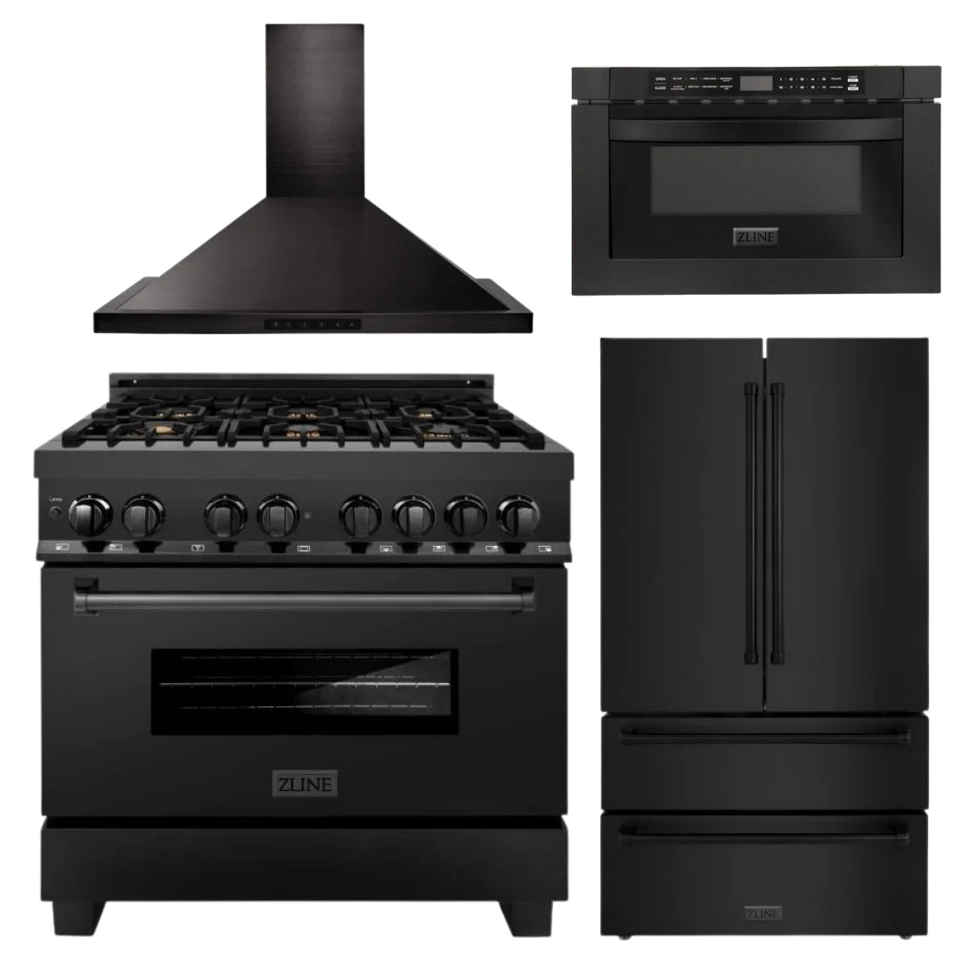 36 in. Dual Fuel Range, Range Hood, Microwave Drawer, Refrigerator in Black Stainless I79298