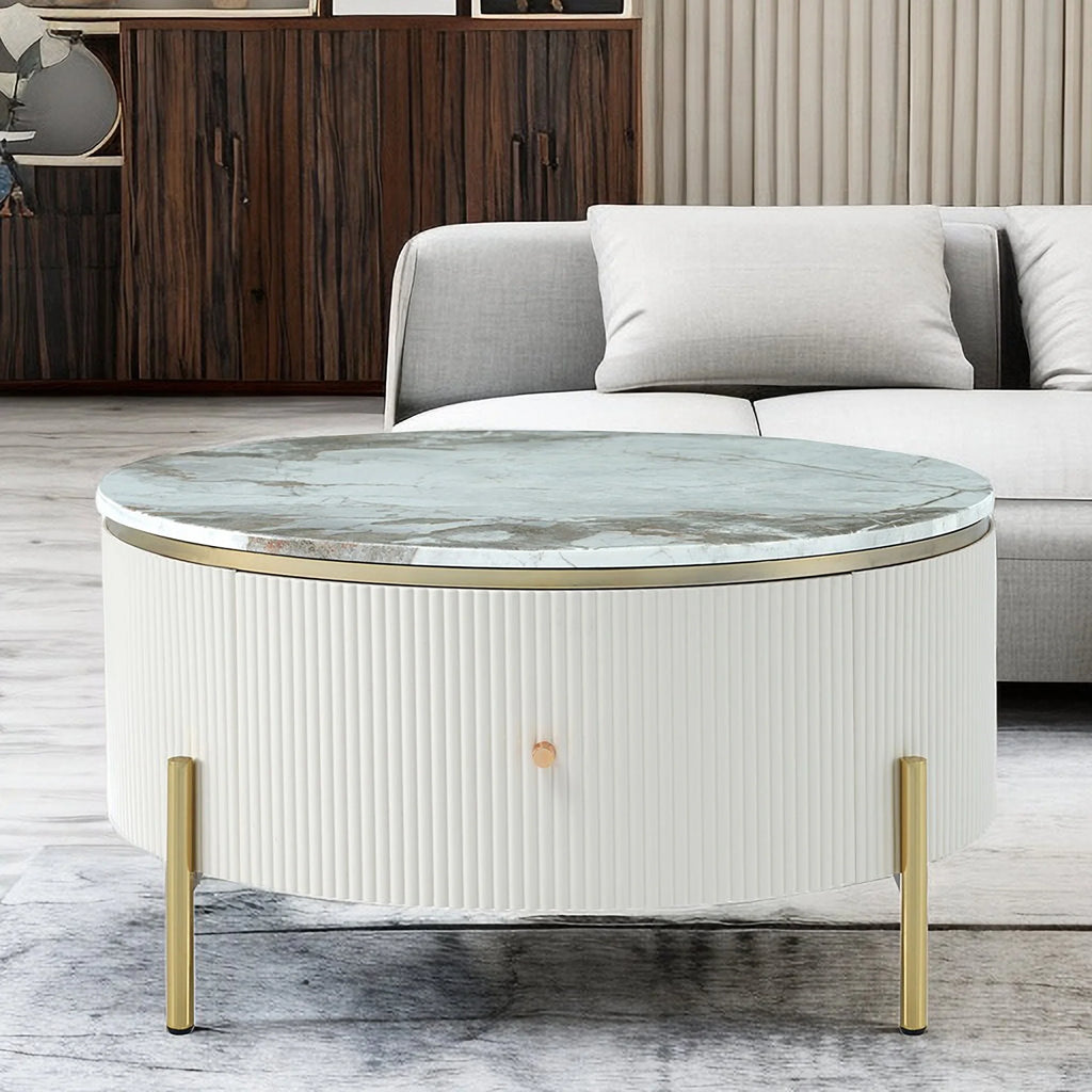 Modern Round Coffee Table with 2 Drawer, Sintered Stone Top, White V41697
