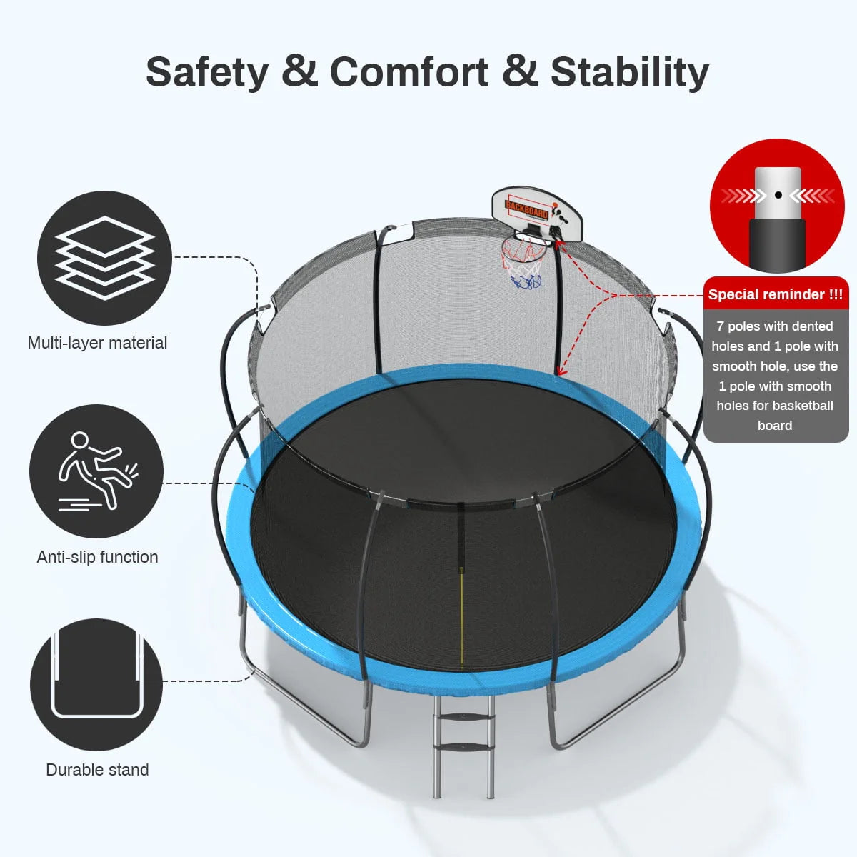 12' Round Backyard Trampoline with Safety Enclosure and Basketball Hoop L130