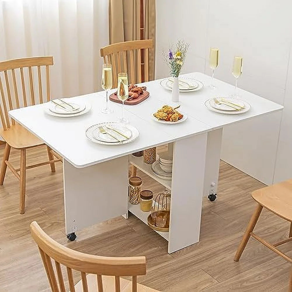 Folding Drop Leaf Dining Table with Racks White Marble O4573