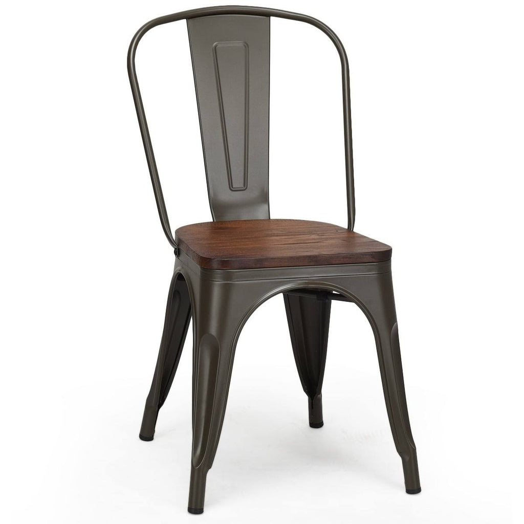 Set of 4 Stackable Bistro Dining Chair Metal Frame Wood Seat Gun L956