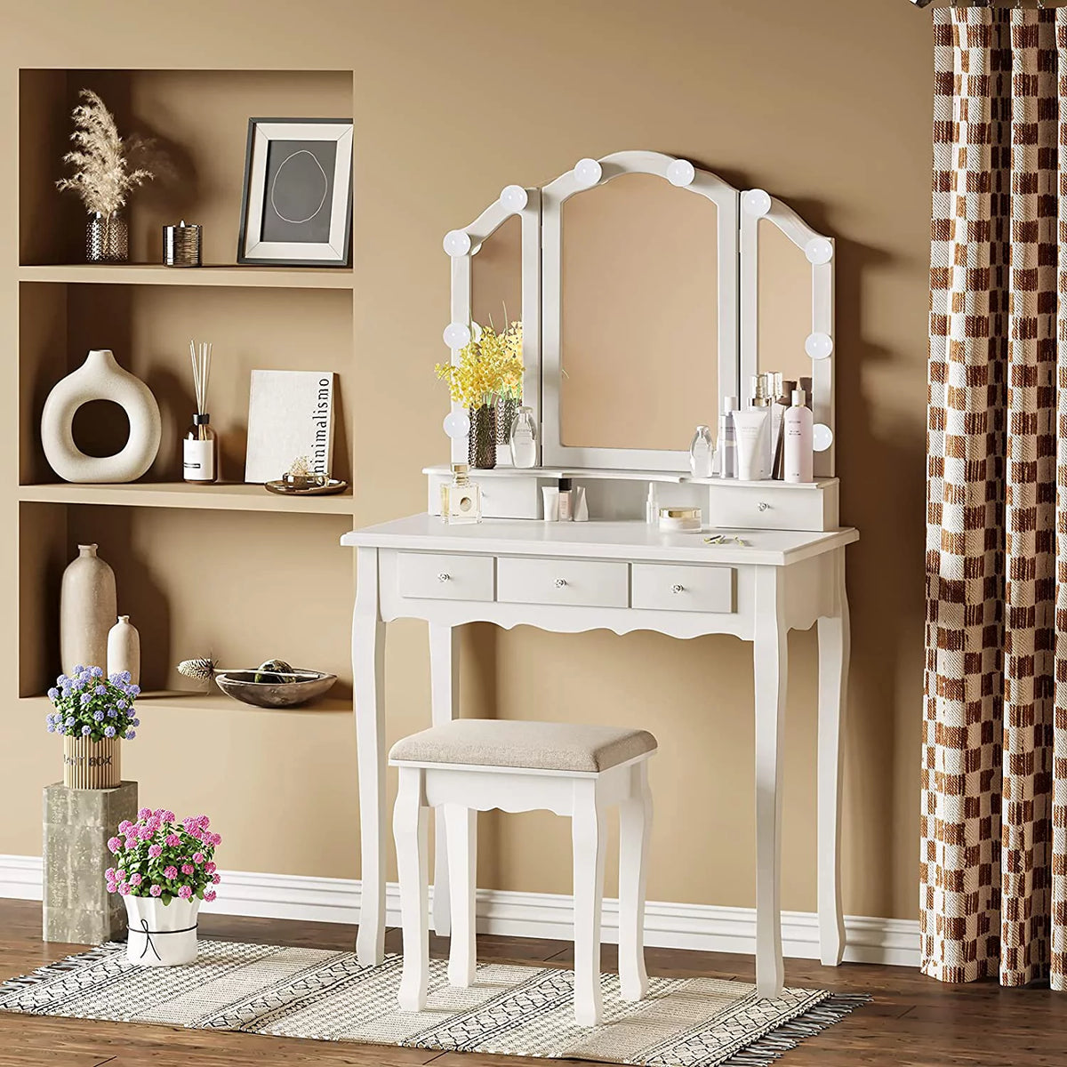 White Vanity Table Set with Lighted Tri-Fold Mirror and Stool D673954