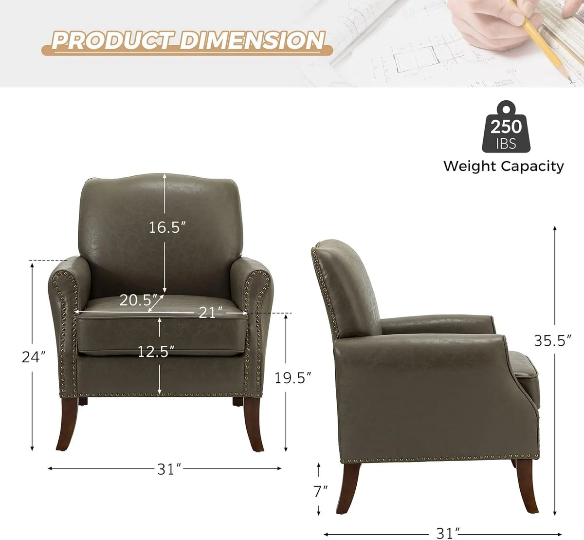 Grey Faux Leather Upholstered Accent Armchair with Solid Wood Legs I177