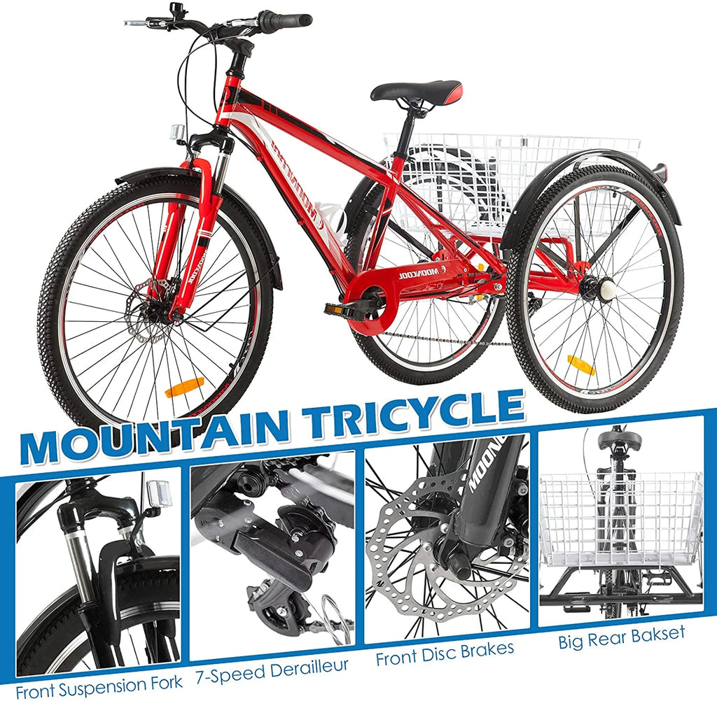 Mountain Tricycle 3 Wheeled 7-Speed 24 inch 26 inch 27.5 inch Disc Brakes Cargo Basket G3417