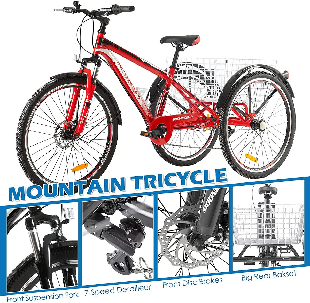 Mountain Tricycle 3 Wheeled 7-Speed 24 inch 26 inch 27.5 inch Disc Brakes Cargo Basket G3417