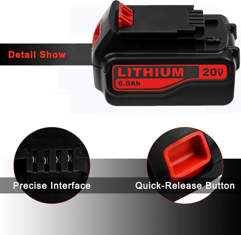 2 Pack 6.0Ah LBXR20 Battery Replacement for Black and Decker 20V Max Lithium Ion Cordless Tool Battery W6876