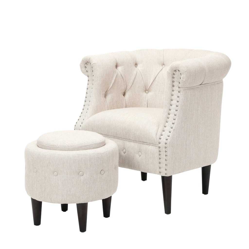 Petite Tufted Fabric Chair and Ottoman Set, Light Blue and Dark Brown Q2045