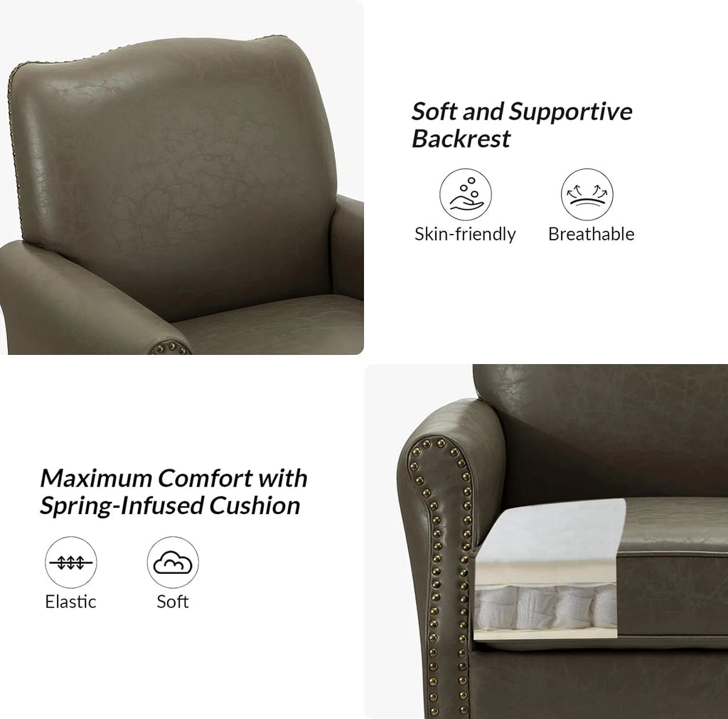 Grey Faux Leather Upholstered Accent Armchair with Solid Wood Legs I177