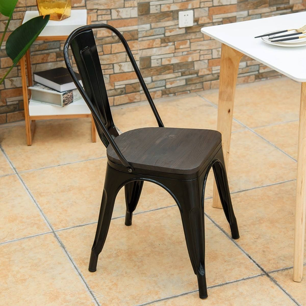 Set of 4 Stackable Bistro Dining Chair Metal Frame Wood Seat Gun L956