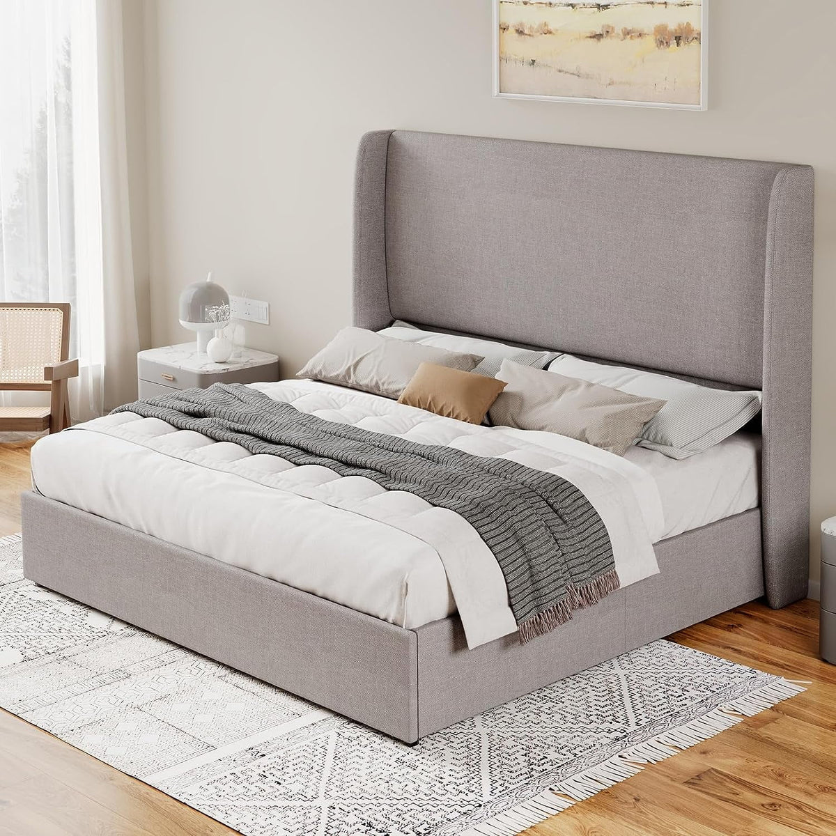 King Size Light Gray Linen Upholstered Platform Bed Frame I856224