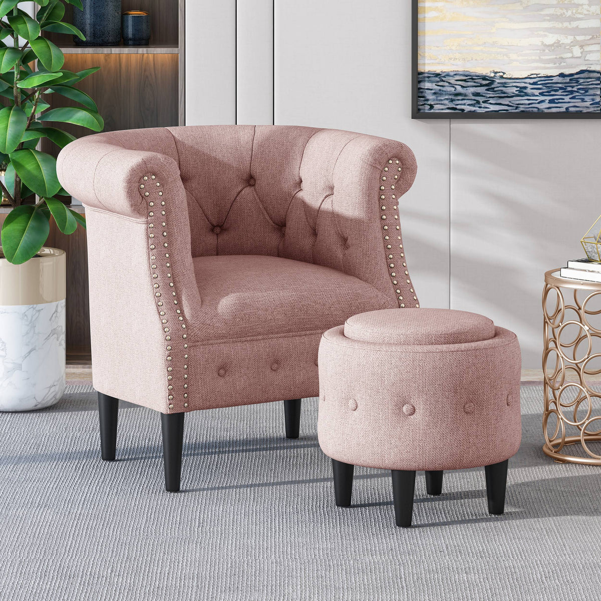 Petite Tufted Fabric Chair and Ottoman Set, Light Blue and Dark Brown Q2045