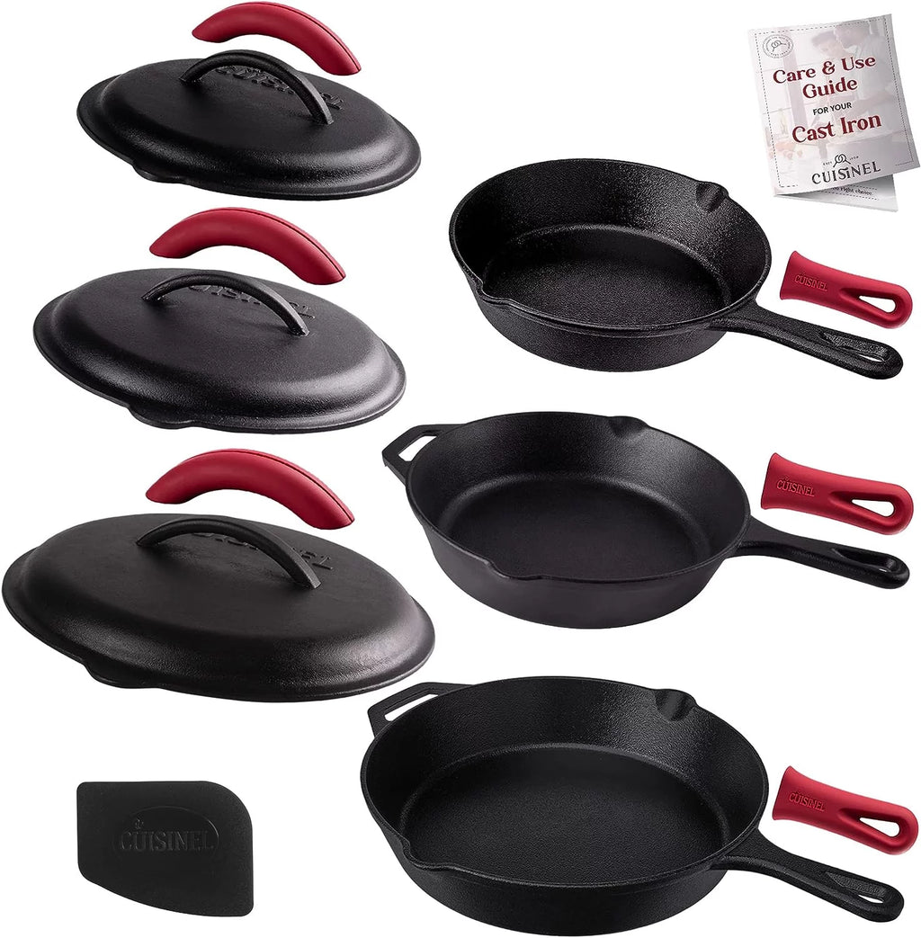 Pre-Seasoned Cast Iron Skillet Set with Lids O79836