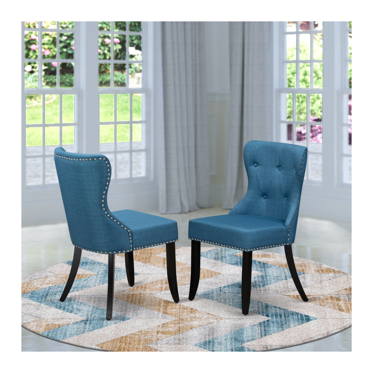 Mid Century Dining Chairs with Blue Linen Fabric Seat A972