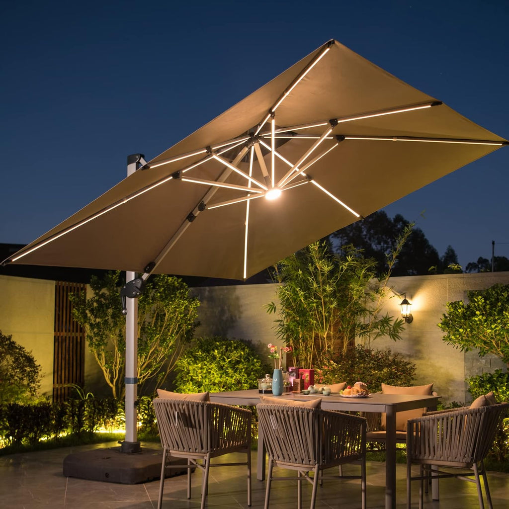 10 FT Square Cantilever Umbrella with Solar LED Lights and Cross Base, Beige U30948