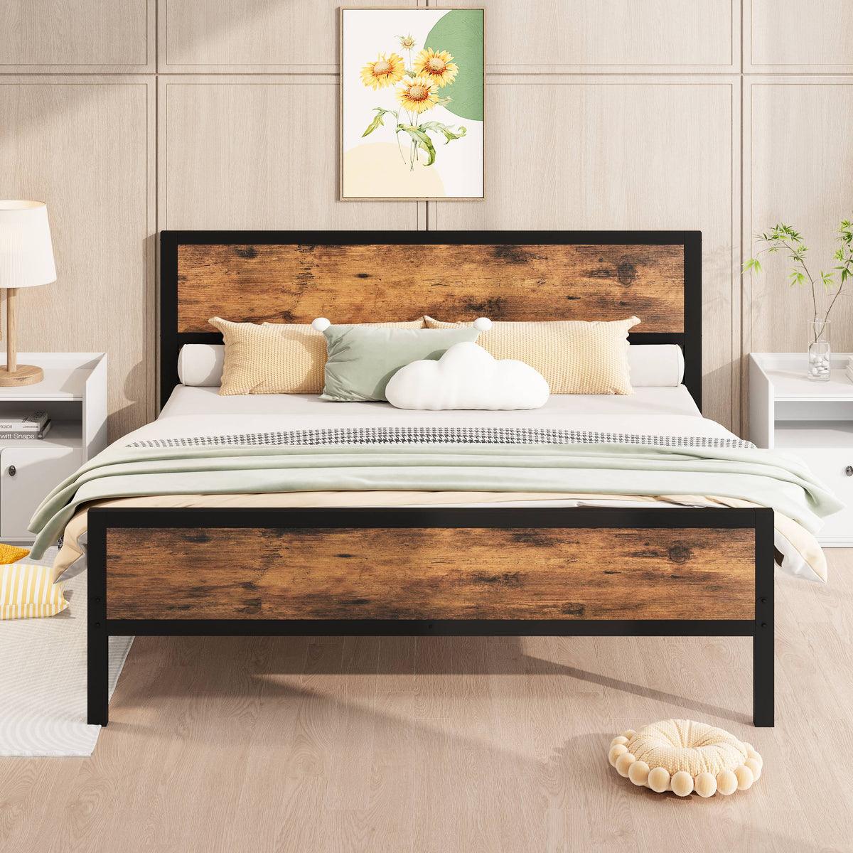 White Full Size Metal Platform Bed Frame with Headboard and Footboard K744899