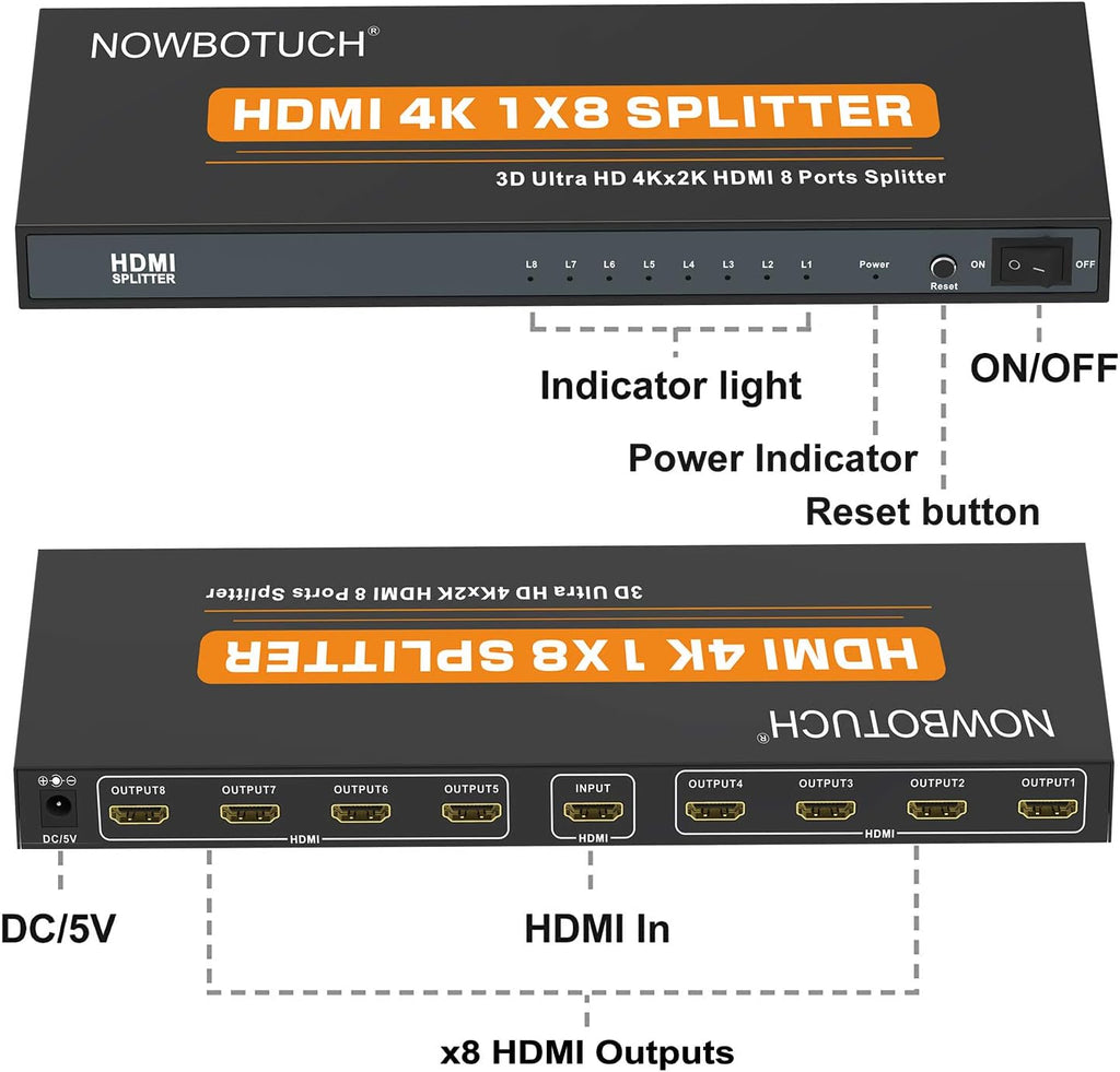 1x8 HDMI Splitter 8 Port 1 in 8 Out Powered Ver 1.4 Full HD 1080P 3D Support W8593