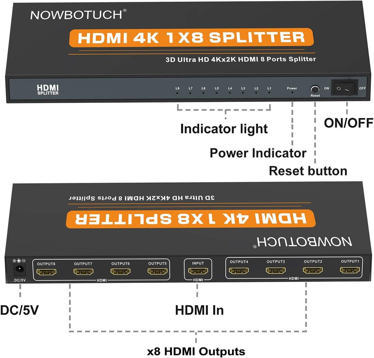 1x8 HDMI Splitter 8 Port 1 in 8 Out Powered Ver 1.4 Full HD 1080P 3D Support W8593