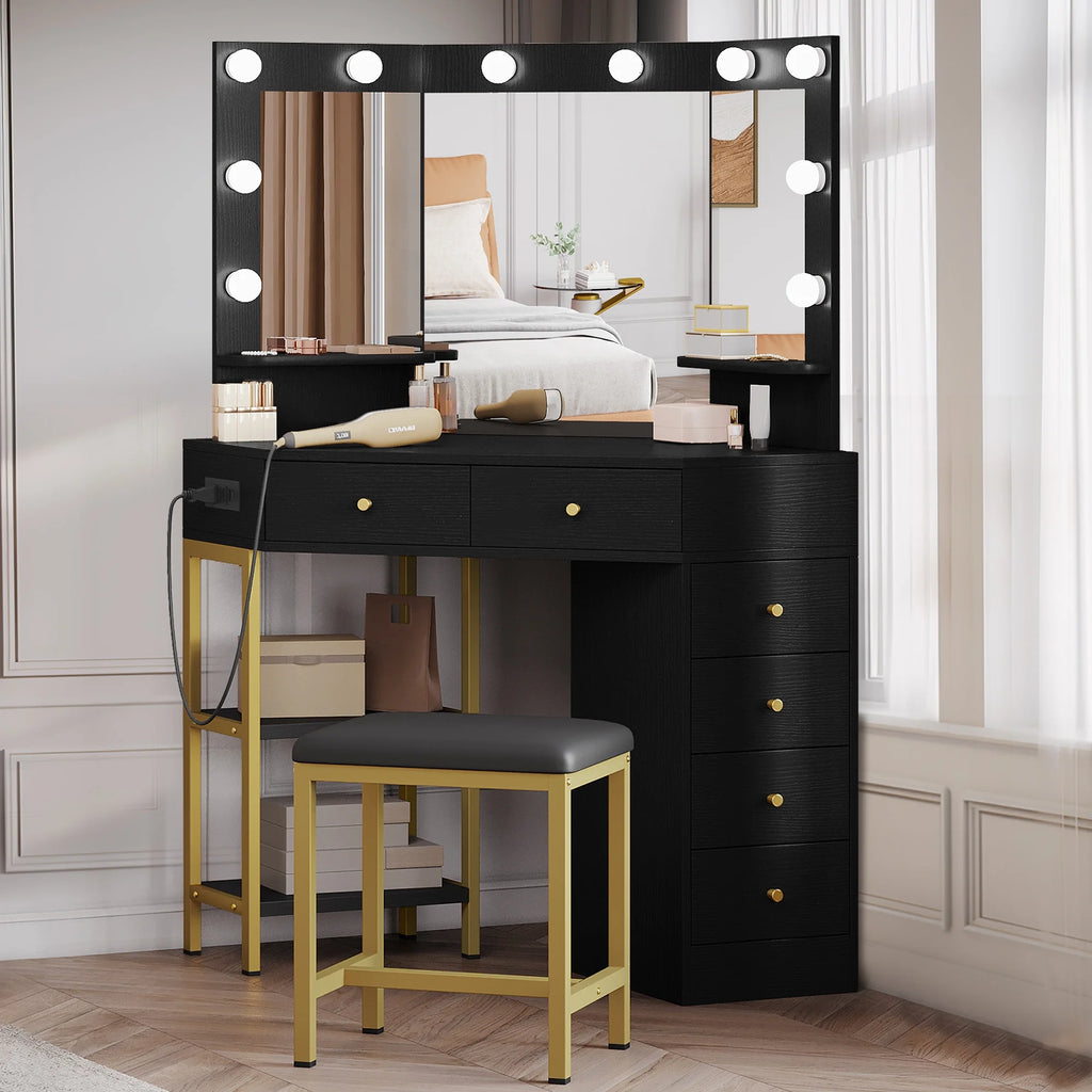 Black Corner Vanity Desk with Mirror and 6 Drawers U465