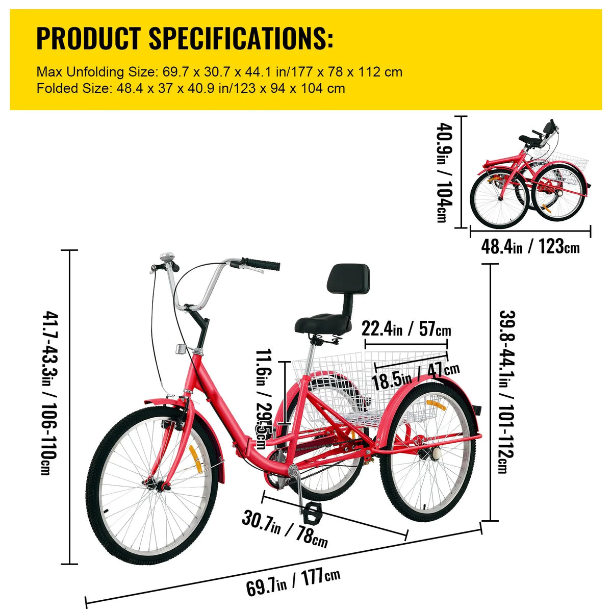 Foldable Adult Tricycle 24'' Wheels 1-Speed 3 Wheel Bikes G8259