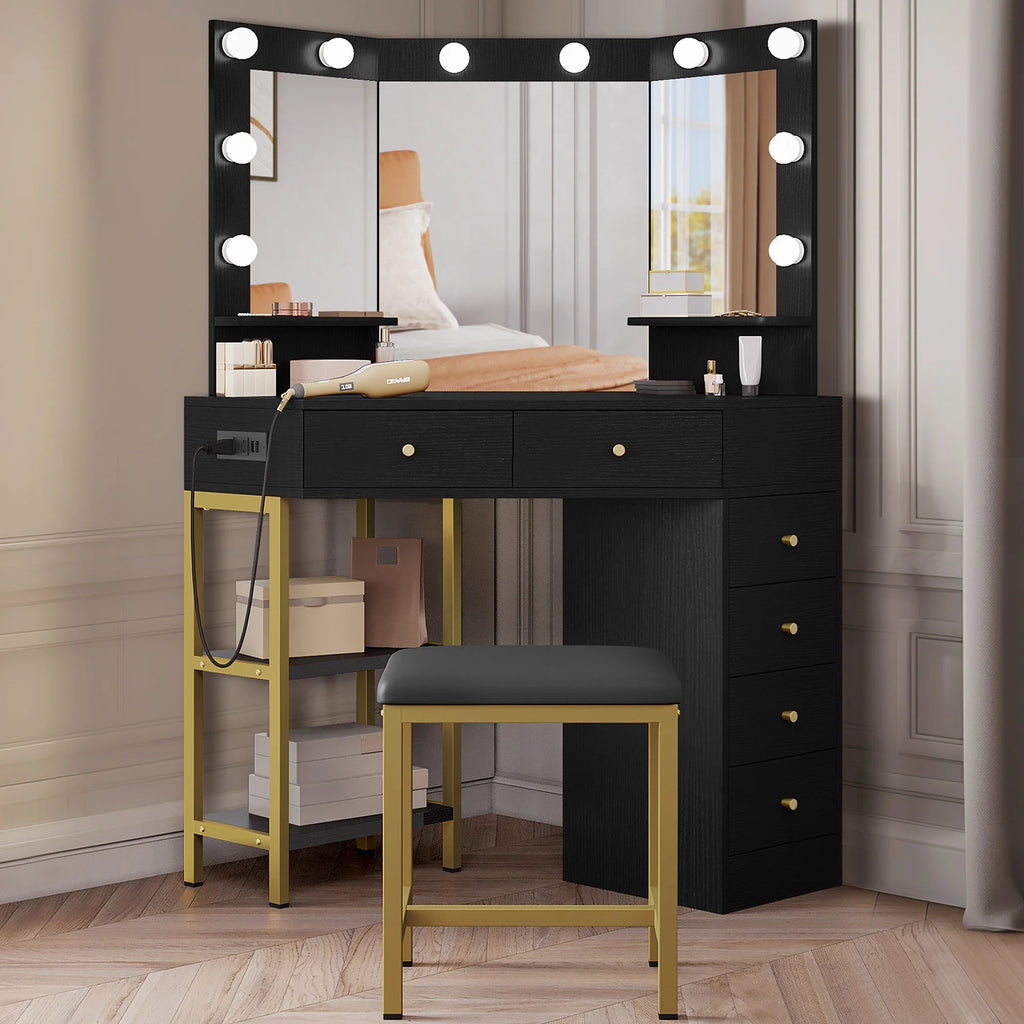 Black Corner Vanity Desk with Mirror and 6 Drawers U465