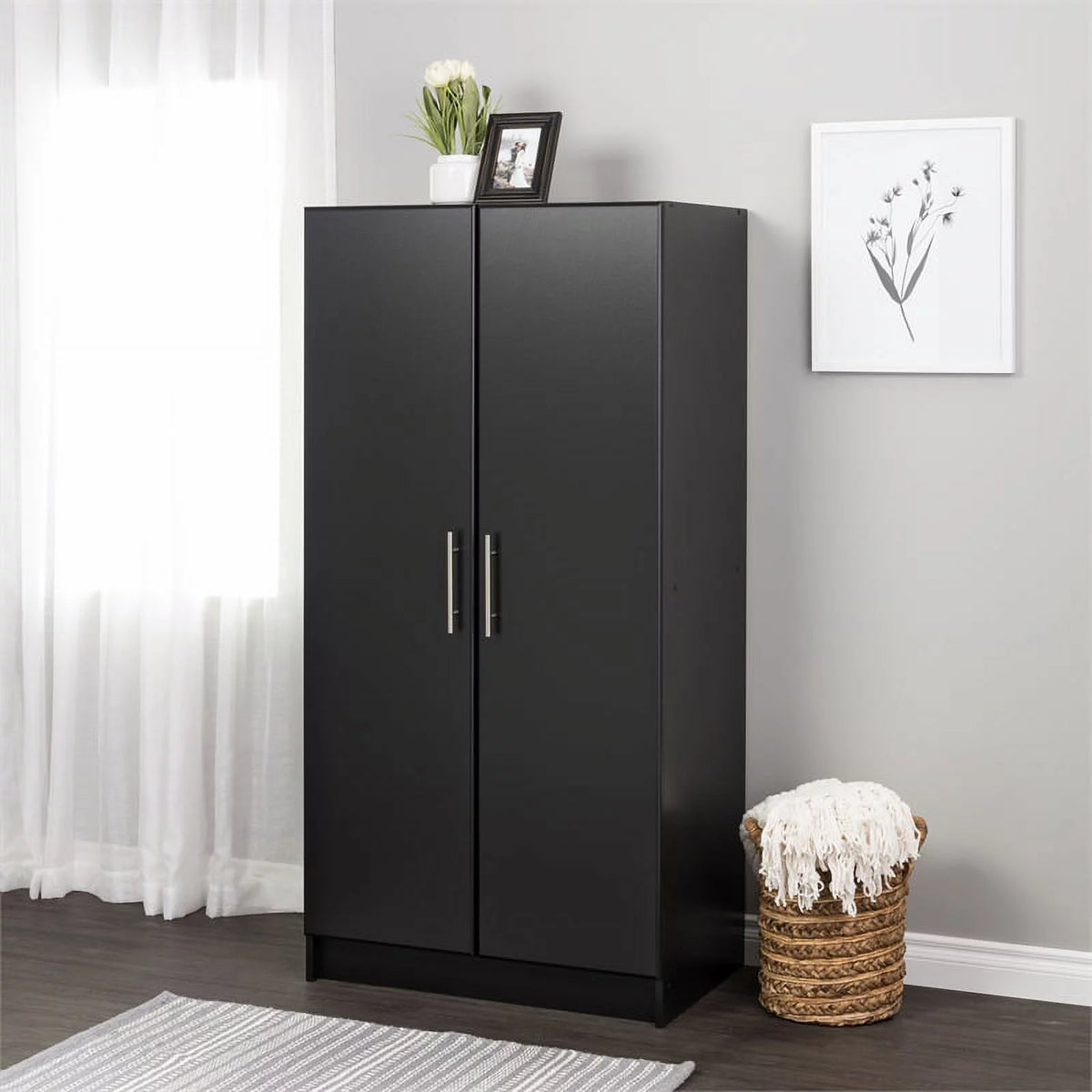 Black Storage Cabinet with Hanging Rail and Shelves W903