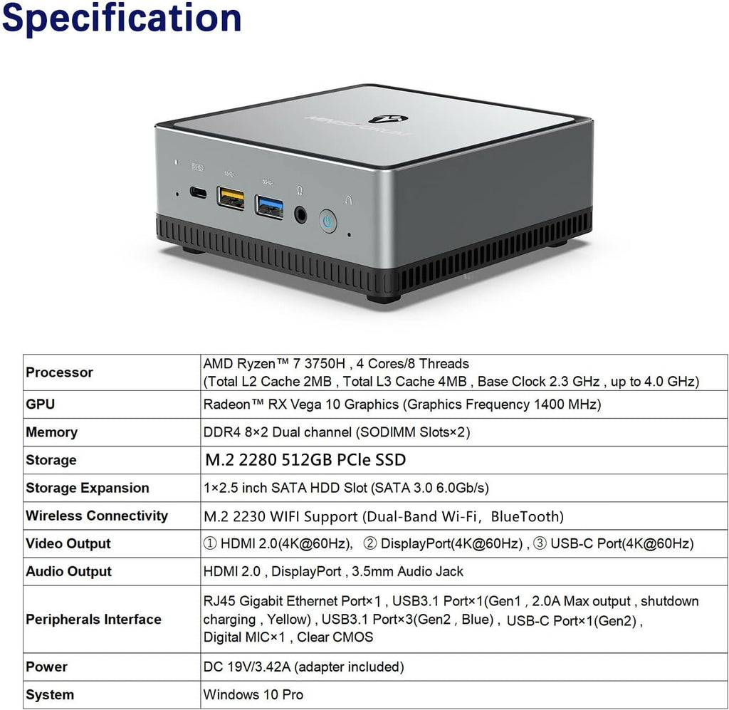 Mini PC AMD Ryzen 7 3750H 16 GB RAM 512 GB PCIe SSD Radeon RX Vega 10 Graphics Dual WiFi BT 5.1 HDMI Display USB-C RJ45 4X USB 3.0 Ports Small Form Factor L878