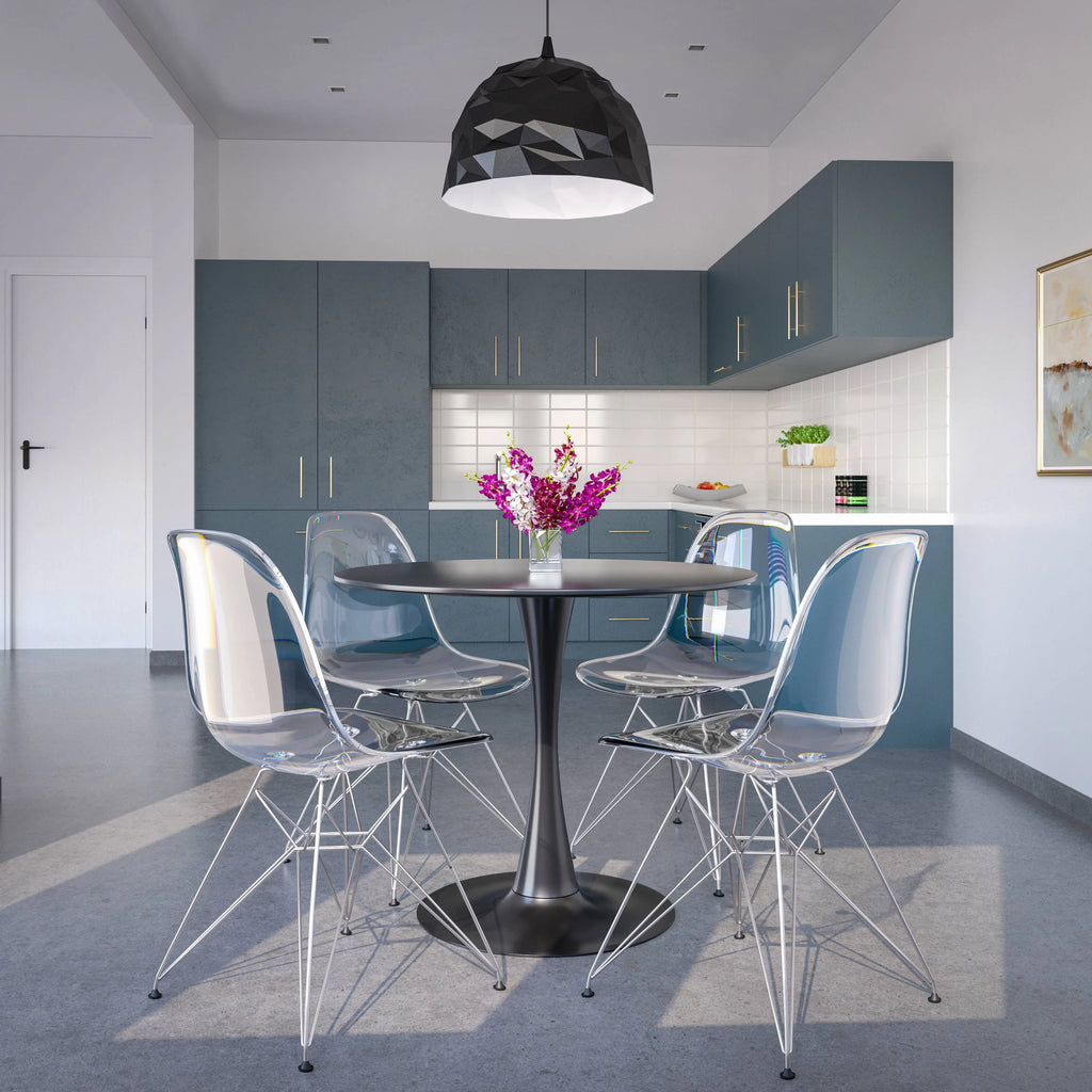 Black Round Dining Table with Wood Top and Iron Pedestal Base O402