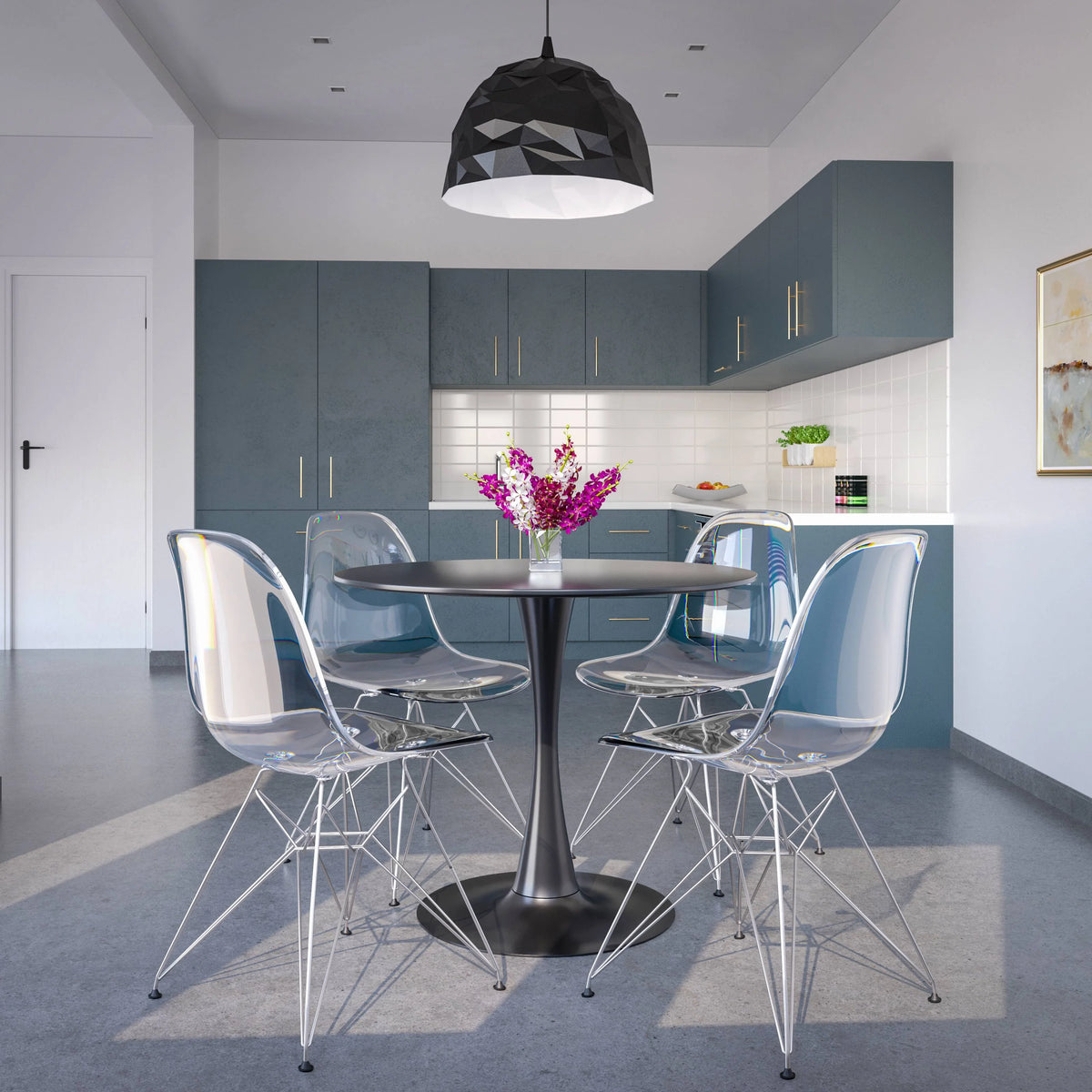 Black Round Dining Table with Wood Top and Iron Pedestal Base O402