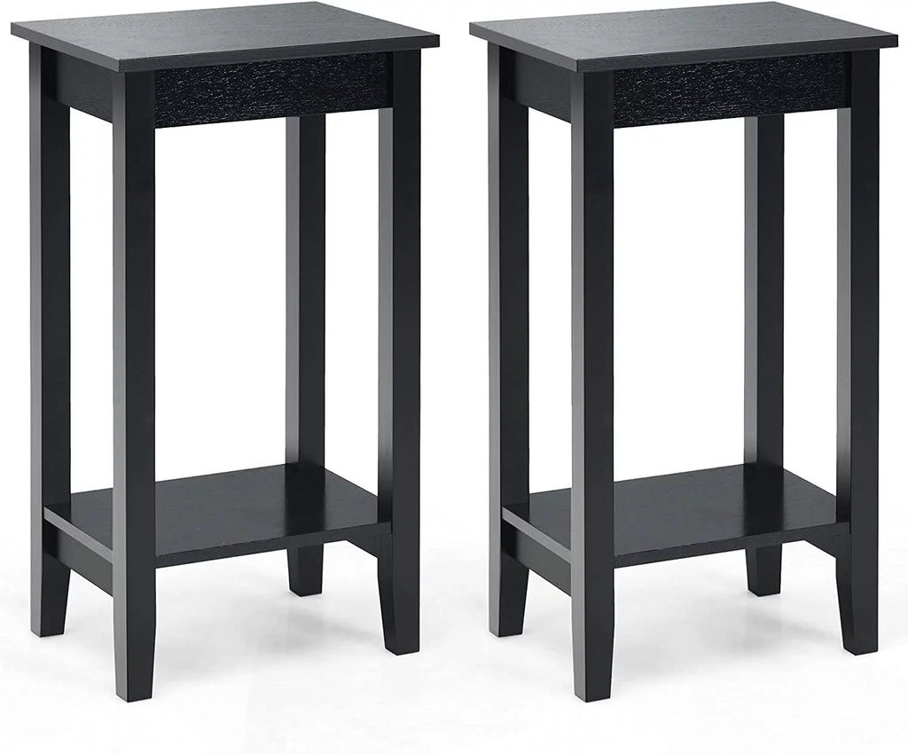 Black 2-Tier End Table Set of 2 with Wooden Legs U884