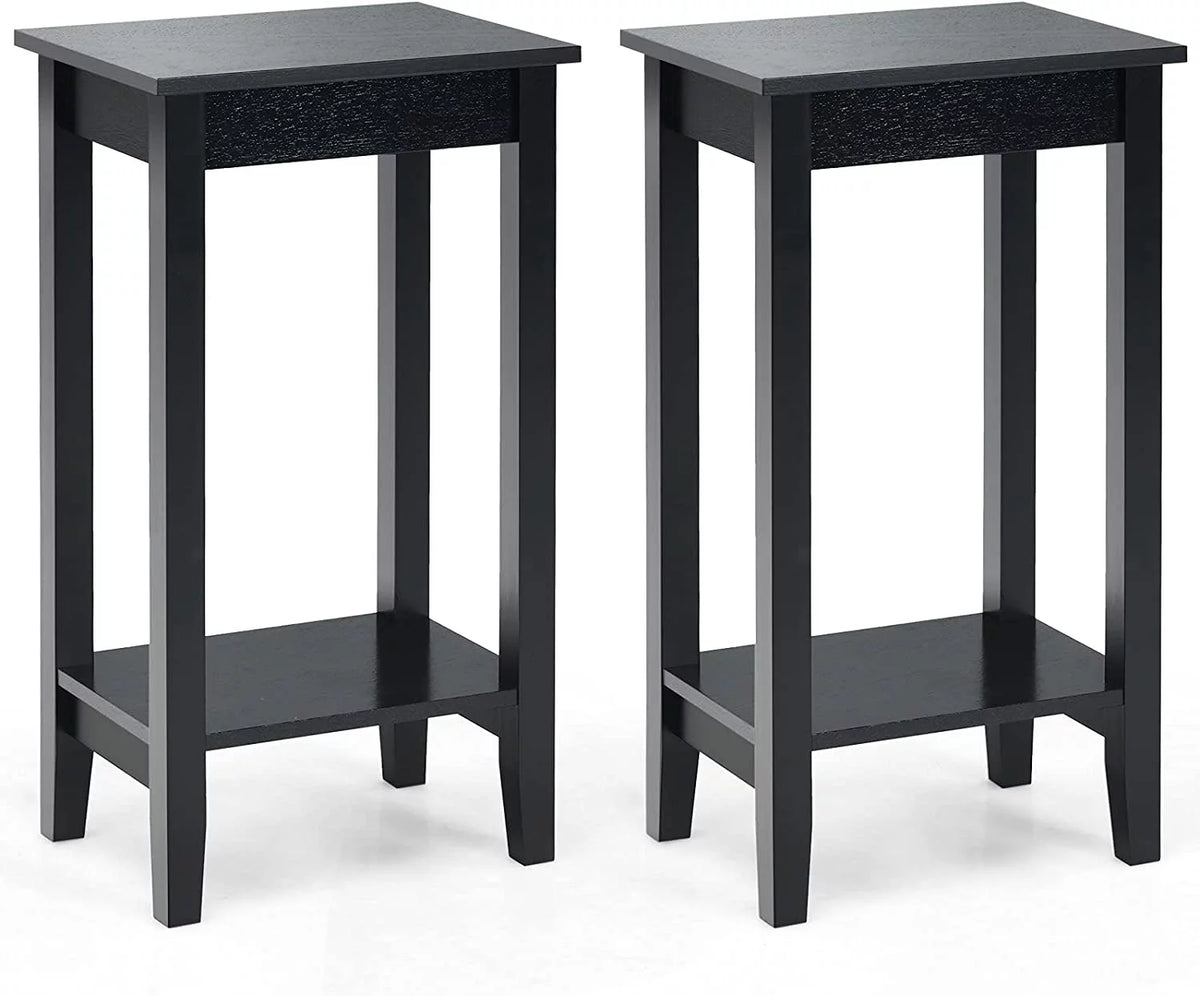 Black 2-Tier End Table Set of 2 with Wooden Legs U884