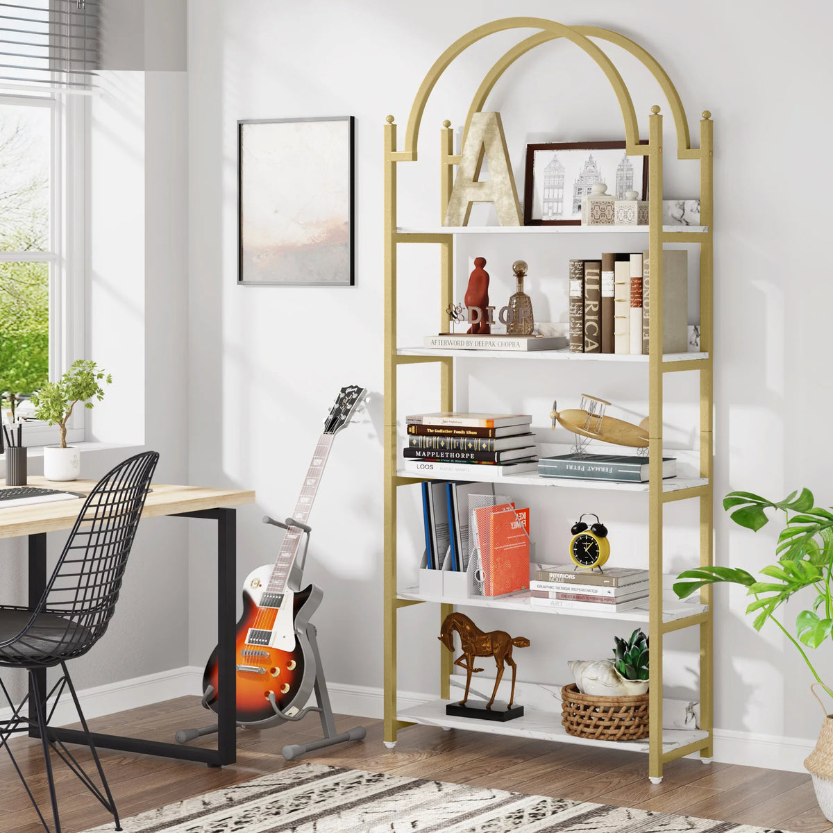 72.4 inch Tall Gold Metal 5 Shelf Arched Bookcase H5385