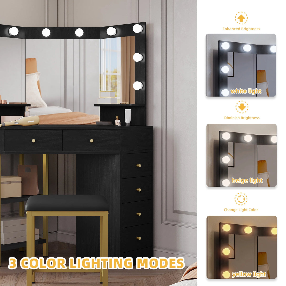 Black Corner Vanity Desk with Mirror and 6 Drawers U465
