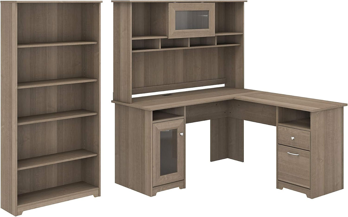Espresso Oak L Shaped Desk with Hutch and 5 Shelf Bookcase U837
